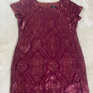 Ashley Stewart Dress 22/24 Burgundy Sequin Baroque Midi Bodycon Evening Stretch